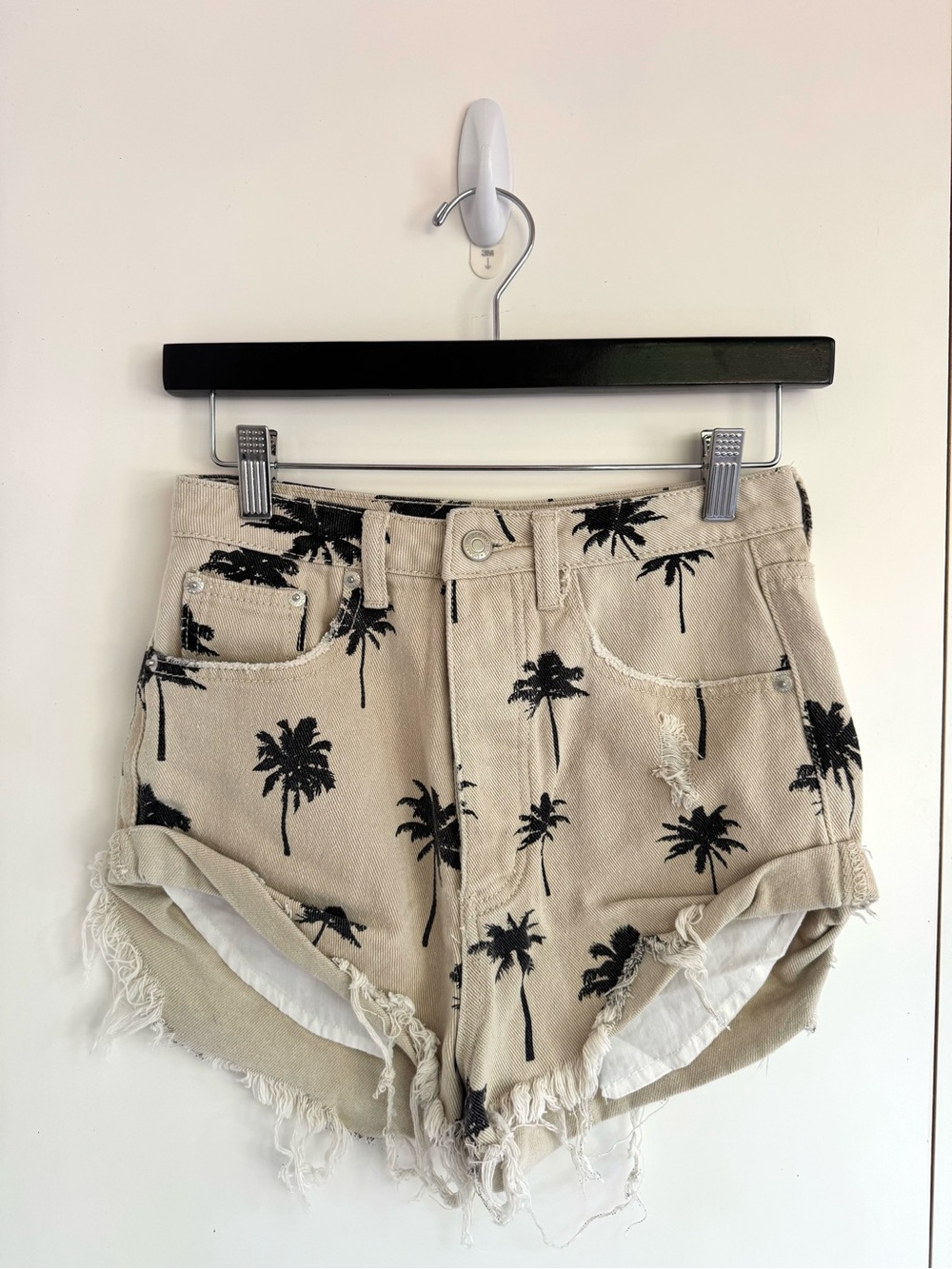Palm Tree Print Distressed High Rise Denim Shorts | Frayed Hem | Beige & Black